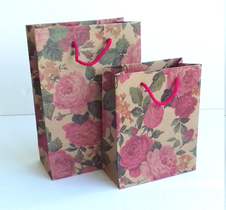 Rose Kraft Gift Bag Pink Rose Gift Bag Cord Handles Natural Etsy