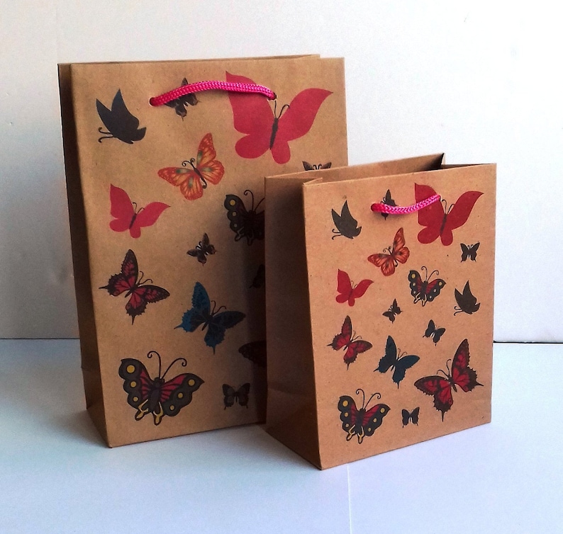 Butterfly Gift Bag Natural Brown Kraft Bags Cerise Pink Cord Etsy