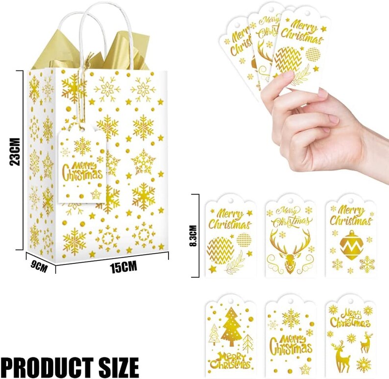 Foiled Christmas Twist Handle Gift Bags with Tag, Choice of Designs sold in singles Tissue paper Not Included Gold Foil Gift Wrapping Bags image 4