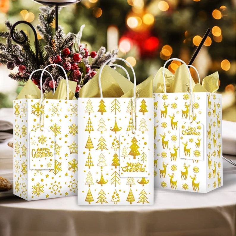 Foiled Christmas Twist Handle Gift Bags with Tag, Choice of Designs sold in singles Tissue paper Not Included Gold Foil Gift Wrapping Bags image 3