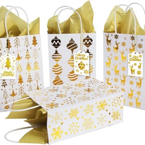 Foiled Christmas Twist Handle Gift Bags with Tag, Choice of Designs sold in singles Tissue paper Not Included Gold Foil Gift Wrapping Bags image 2