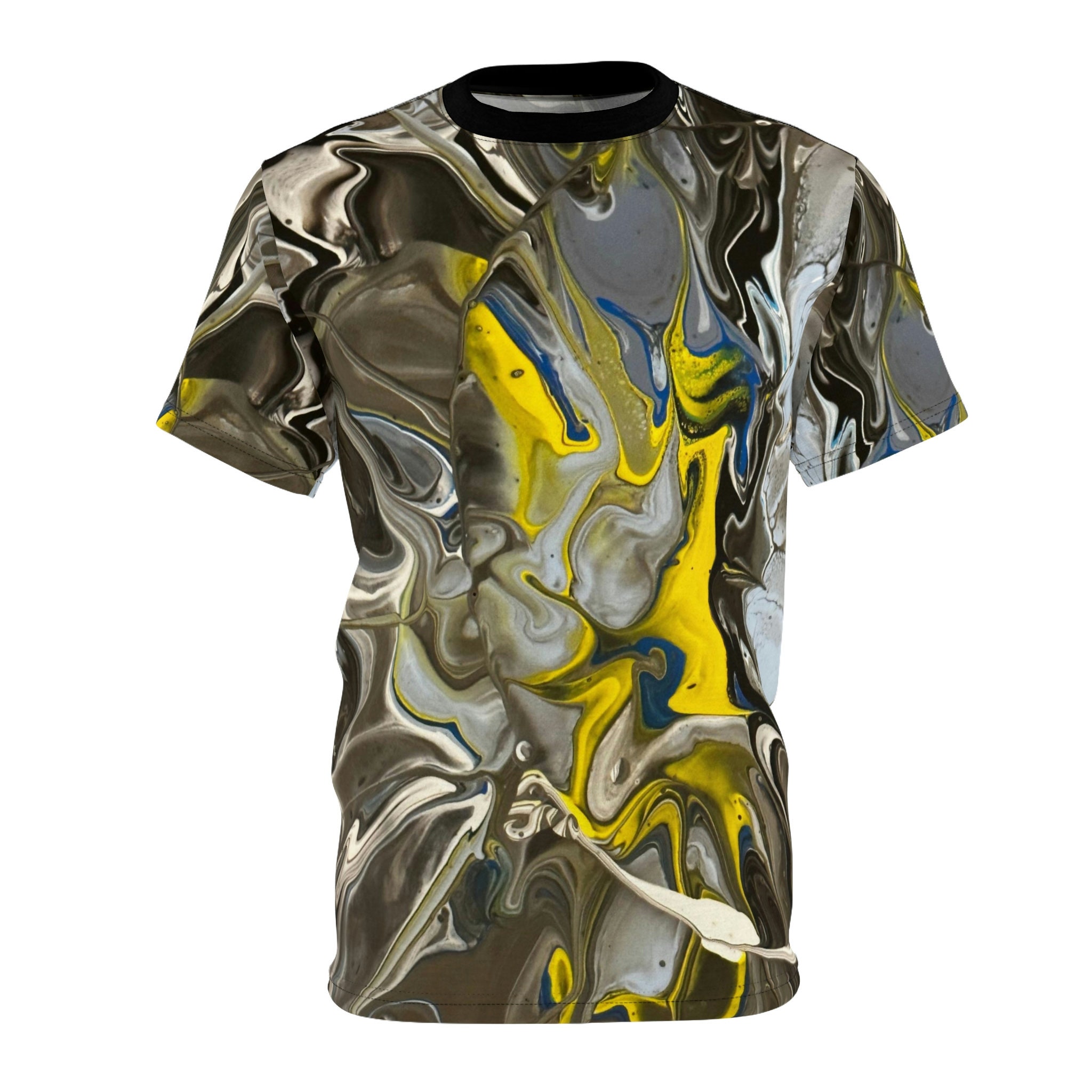 Discover AOP Painting Yellow Gray Blue Swirl Abstract 3D T-Shirt