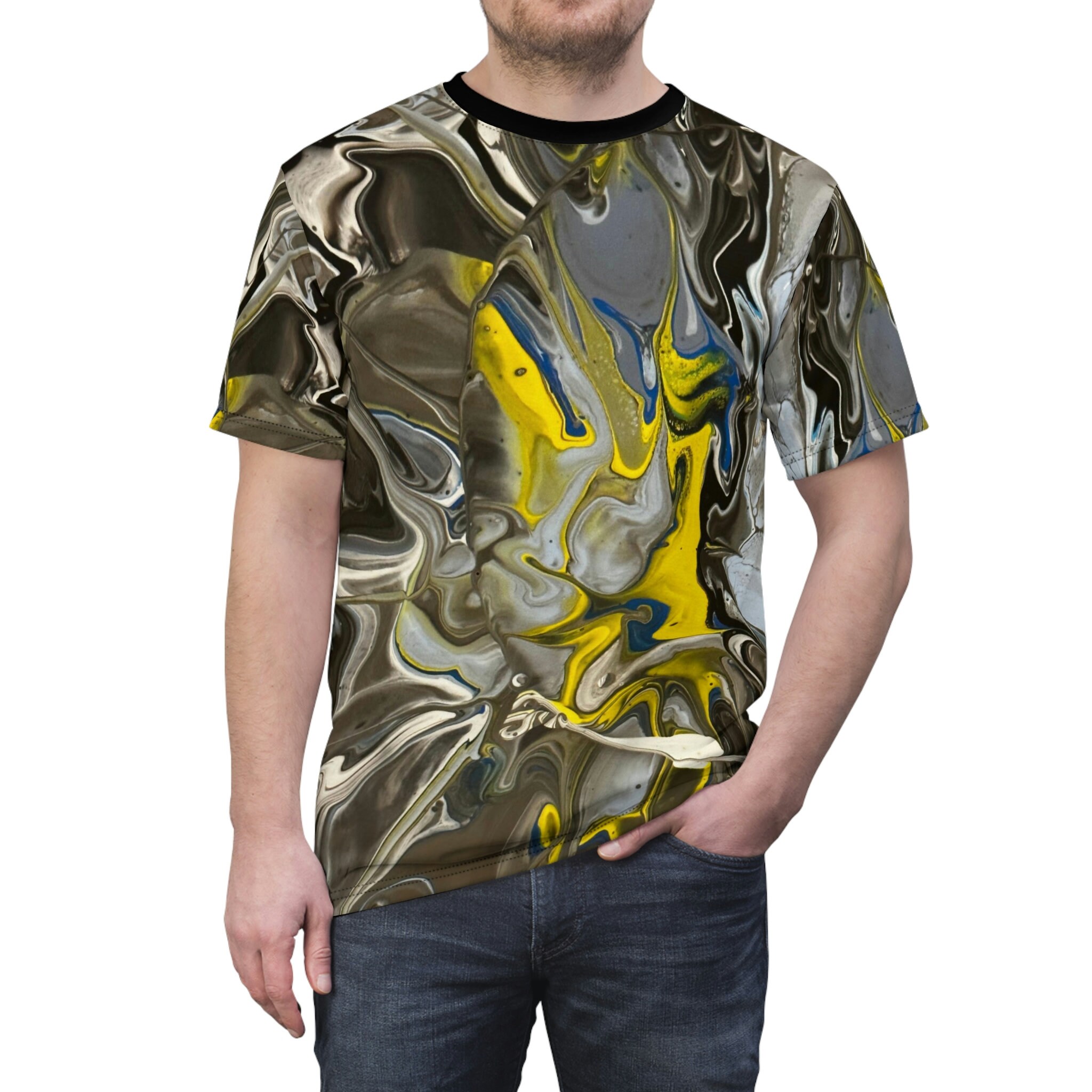 Discover AOP Painting Yellow Gray Blue Swirl Abstract 3D T-Shirt