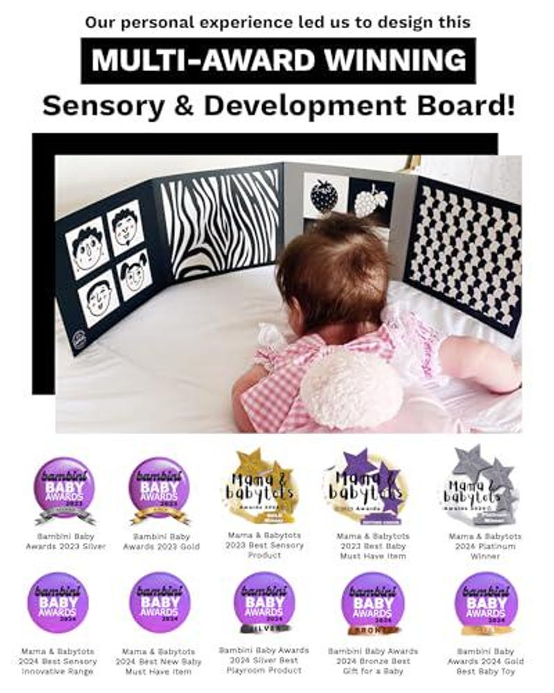 Puede incluir: Un tablero sensorial en blanco y negro con varias texturas y patrones. El tablero est&aacute; dise&ntilde;ado para beb&eacute;s y ni&ntilde;os peque&ntilde;os para que exploren y aprendan. El tablero ha ganado varios premios, incluyendo "Mejor producto sensorial" y "Mejor art&iacute;culo indispensable para beb&eacute;s".