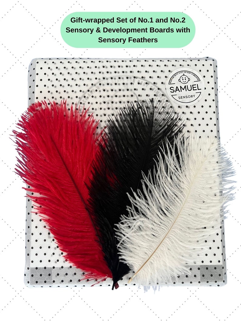 Puede incluir: Un conjunto de tableros sensoriales y de desarrollo envuelto en papel de regalo con tres plumas de avestruz de color rojo, negro y blanco. El papel de regalo tiene un patr&oacute;n de lunares negros y una etiqueta que dice "SAMUEL SENSORY".