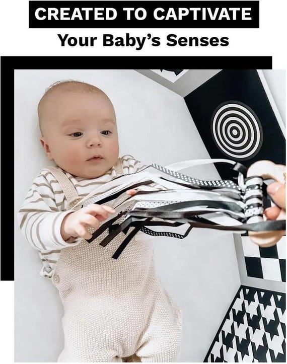 Black and White Sensory Board With Ribbon, Tummy Time Toy, Newborn