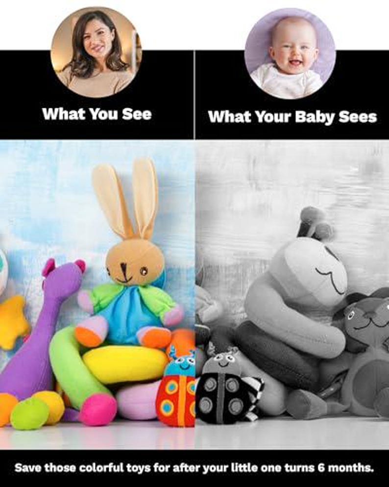 Puede incluir: Una comparaci&oacute;n de c&oacute;mo los adultos y los beb&eacute;s ven el mundo. El lado izquierdo muestra una variedad colorida de juguetes de peluche, incluyendo un conejito, una mariquita y una oruga. El lado derecho muestra los mismos juguetes en escala de grises, representando c&oacute;mo un beb&eacute; podr&iacute;a verlos.