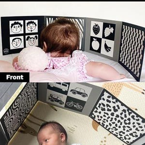 Pode incluir: Brinquedo de desenvolvimento preto e branco para beb&ecirc;s com oito padr&otilde;es diferentes em cada lado. Os padr&otilde;es incluem formas geom&eacute;tricas, animais e objetos. O brinquedo &eacute; feito de papel&atilde;o e &eacute; projetado para ser dur&aacute;vel e seguro para beb&ecirc;s.