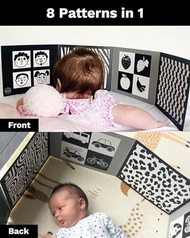 Pode incluir: Brinquedo de desenvolvimento preto e branco para beb&ecirc;s com oito padr&otilde;es diferentes em cada lado. Os padr&otilde;es incluem formas geom&eacute;tricas, animais e objetos. O brinquedo &eacute; feito de papel&atilde;o e &eacute; projetado para ser dur&aacute;vel e seguro para beb&ecirc;s.