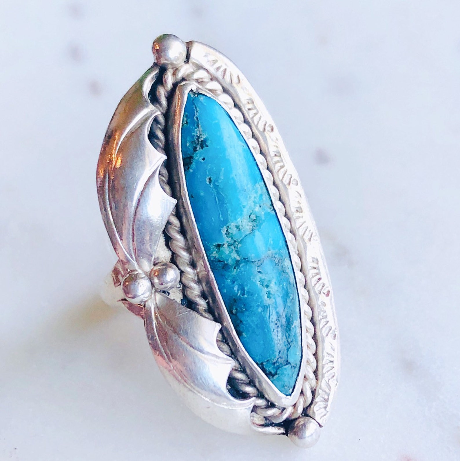 Vintage .925 Sterling Silver Squash Blossom Turquoise Ring Etsy