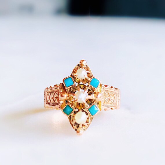 Antique 1860s 9K Rose Gold Persian Blue Turquoise… - image 7