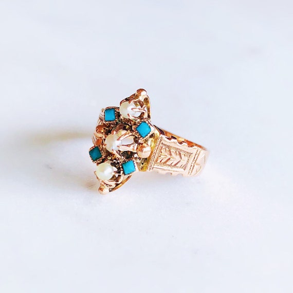 Antique 1860s 9K Rose Gold Persian Blue Turquoise… - image 3