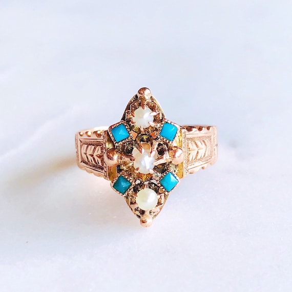 Antique 1860s 9K Rose Gold Persian Blue Turquoise… - image 1