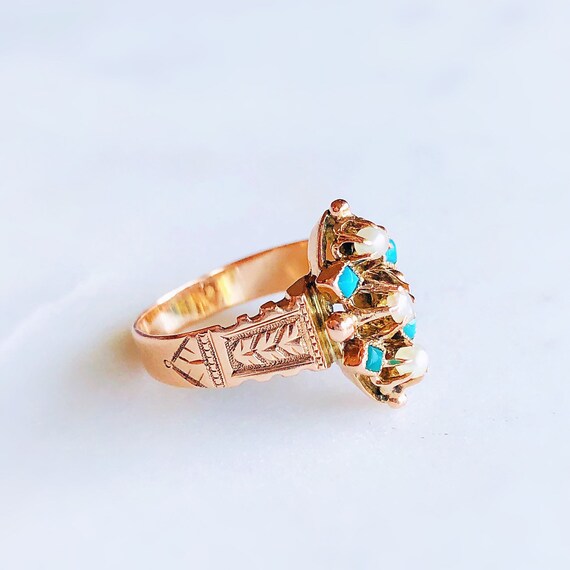 Antique 1860s 9K Rose Gold Persian Blue Turquoise… - image 2