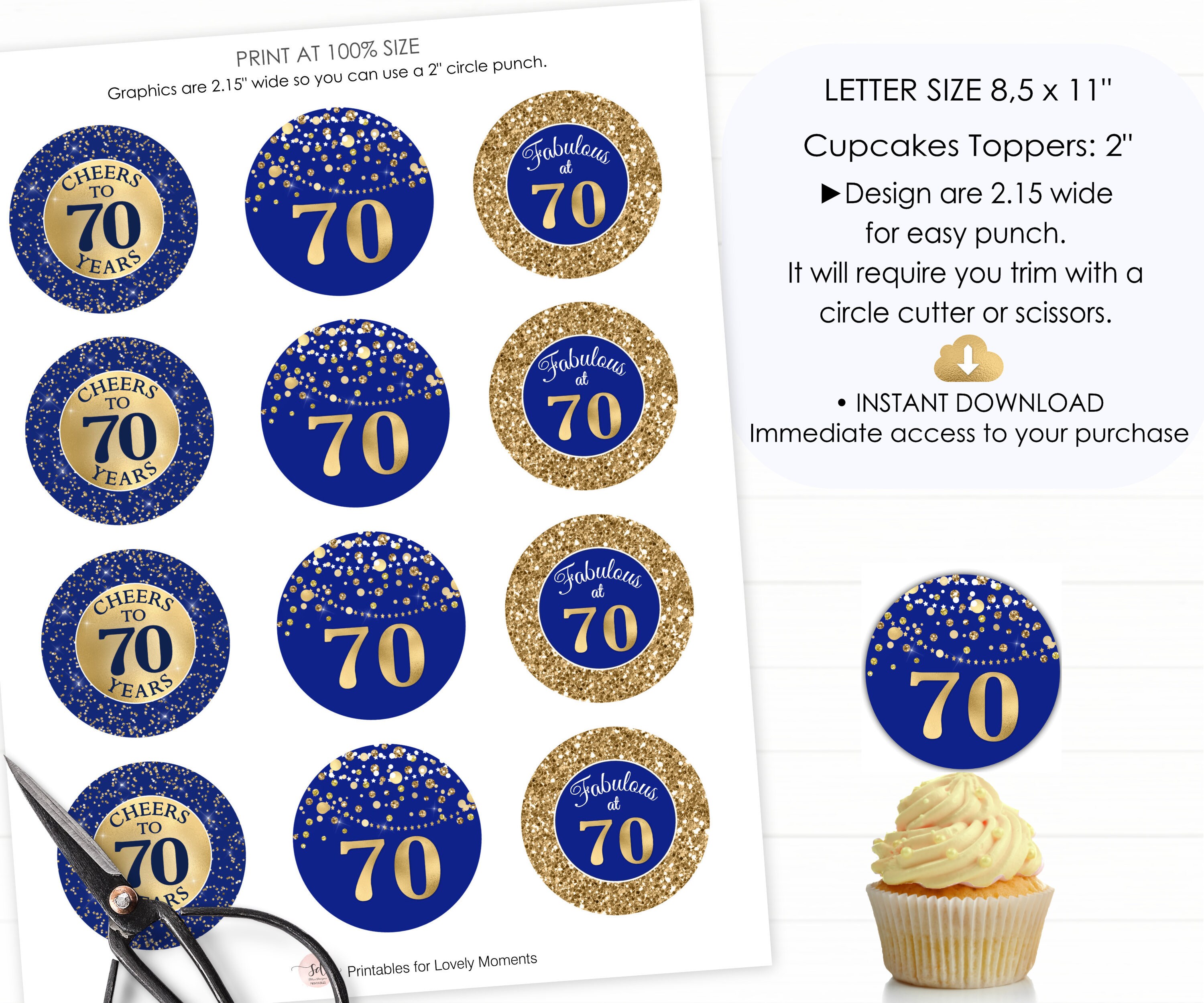 70th Birthday Cupcake Toppers Blue Gold 70th Anniversary 70th Etsy