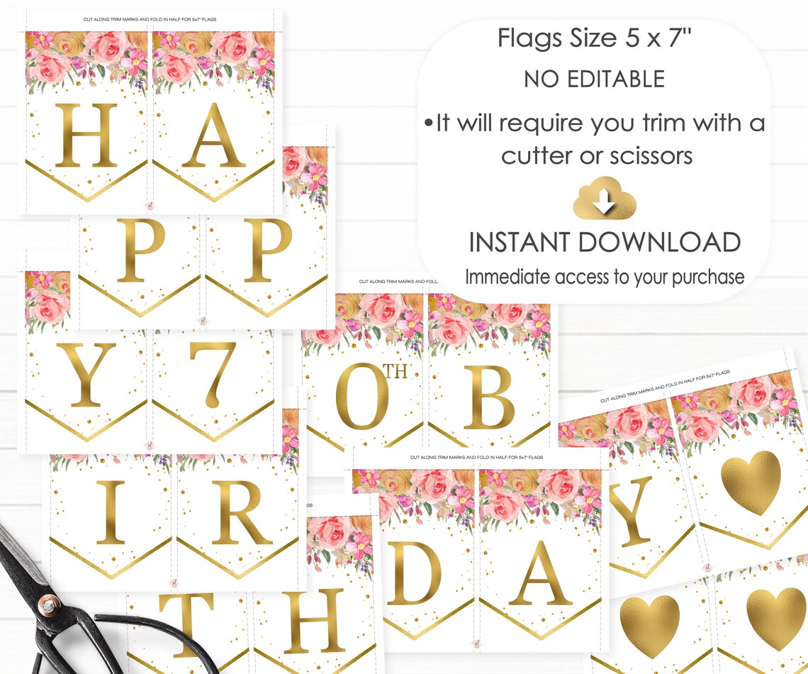 Happy 70th Birthday Printable Banner Floral Pink Gold 70th | Etsy