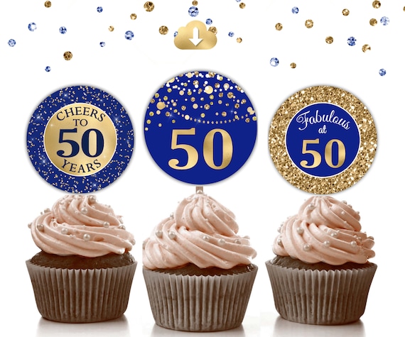 50th Birthday Cupcake Toppers Blue Gold 50th Birthday Tags - Etsy
