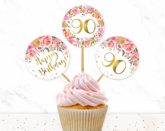 90th Birthday Cupcake Toppers, Floral Pink Gold 90th Birthday Favors, 90th Birthday Mom, Printable Digital Download, P44