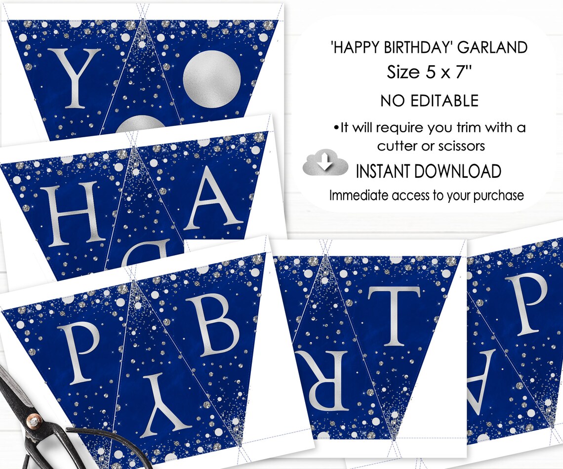 Happy Birthday Banner Blue Silver Birthday Bunting Printable Etsy