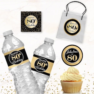 80th Birthday CupCake Toppers, 80th Water Bottle Labels, Black and Gold 80th Birthday Decorations, Instant Download Printable P11