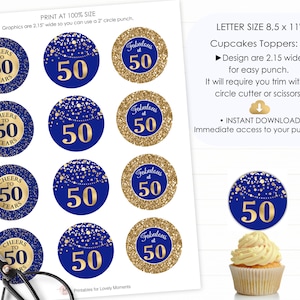 50th Birthday Cupcake Toppers, Blue Gold 50th Birthday Tags, Fifty and ...