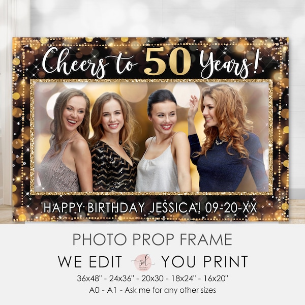 Gold Photo Booth Backdrop, Birthday Photo Props Frame, Selfie Frame, Personalized DIGITAL Printable, P11