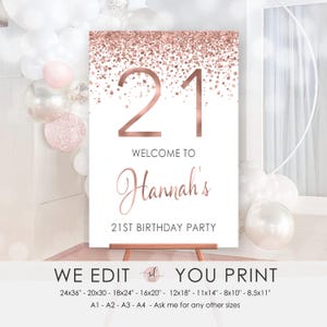 Póster de cumpleaños número 21, letrero de bienvenida de oro rosa para cumpleaños número 21, póster de bienvenida imprimible, minimalista, personalizado, archivo digital, P92
