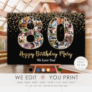 Custom 80th Birthday Photo Collage, 80th Anniversary Poster 80 Number Pictures, Woman, Man, Personalized, Digital File Printable