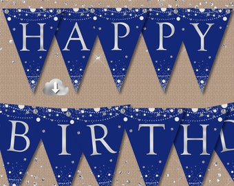 Happy Birthday Banner, Blue Silver Birthday Bunting, Printable Birthday Garland, Pennant, Birthday Flags, Digital Instant Download P8