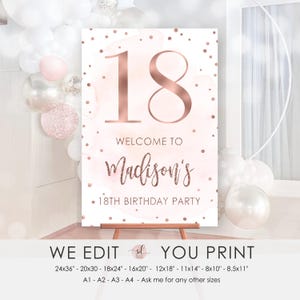 Letrero de cumpleaños número 18, letrero de bienvenida de oro rosa para cumpleaños número 18, decoración para fiesta número 18, minimalista, personalizado, archivo digital imprimible