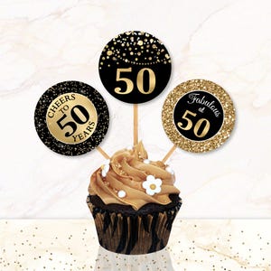 Adornos para cupcakes de 50.º cumpleaños: Decoración para fiesta en negro y dorado (descarga digital)