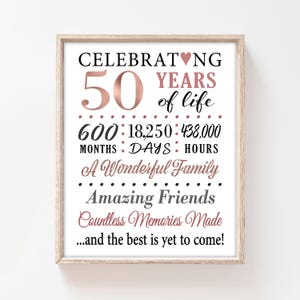 50th Birthday Rose Gold Sign, 50th Birthday Decor, 50 Years Birthday Woman, Birthday Table Decor, Printable Digital Download, P92