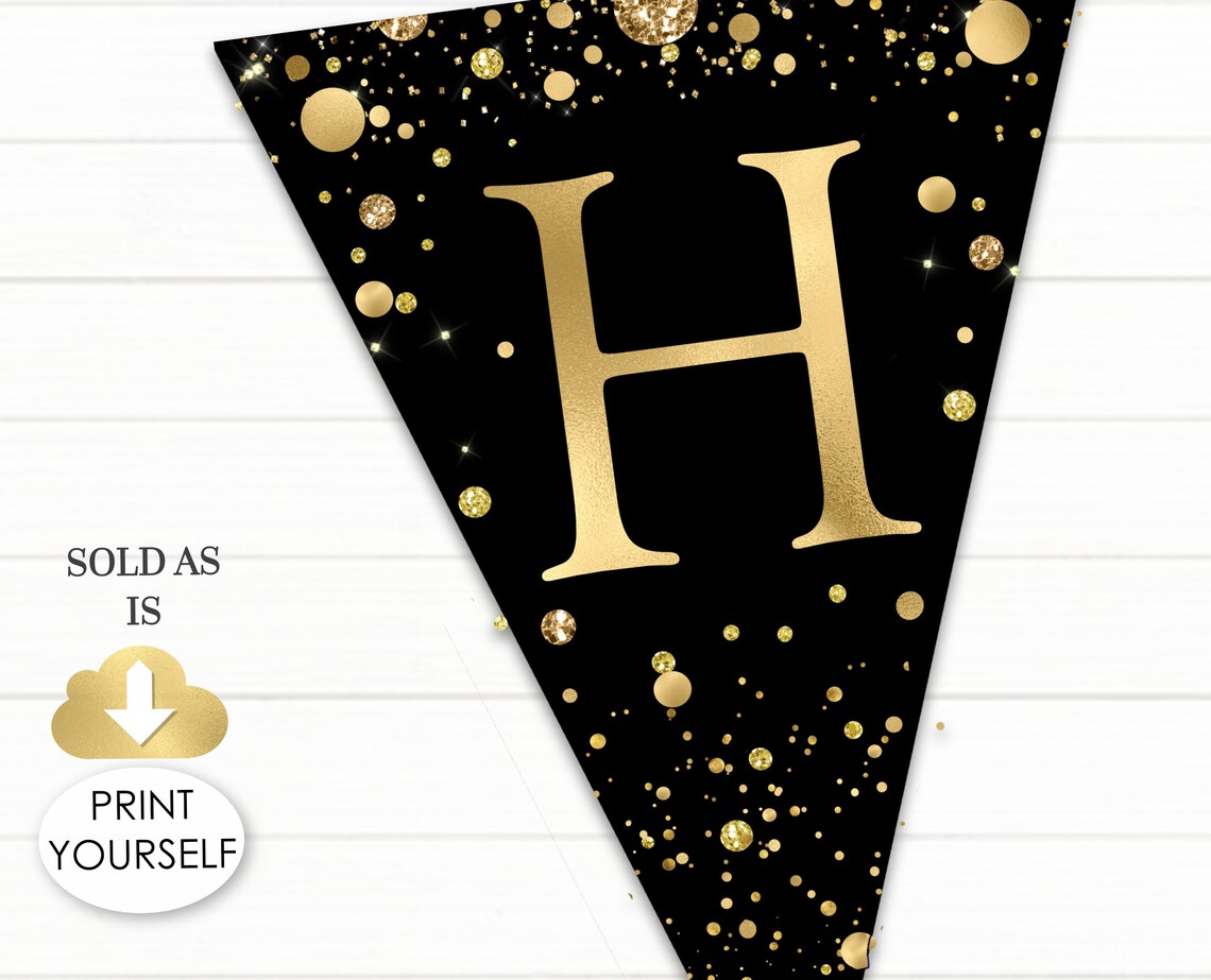 Happy Birthday Banner Black Gold Birthday Banner Printable Etsy