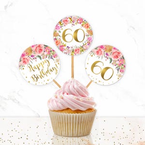 Pink Gold 60th Birthday CupCake Toppers, 60th Birthday Favors Floral Gold, Printable Digital Download, P44