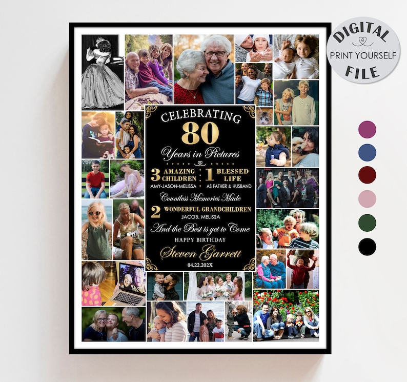 80th Birthday Photo Collage, 80 Birthday Gift for Dad, Grandpa, 80th Birthday Men, 80 Years of Life, Personalized Digital File Printable afbeelding 1