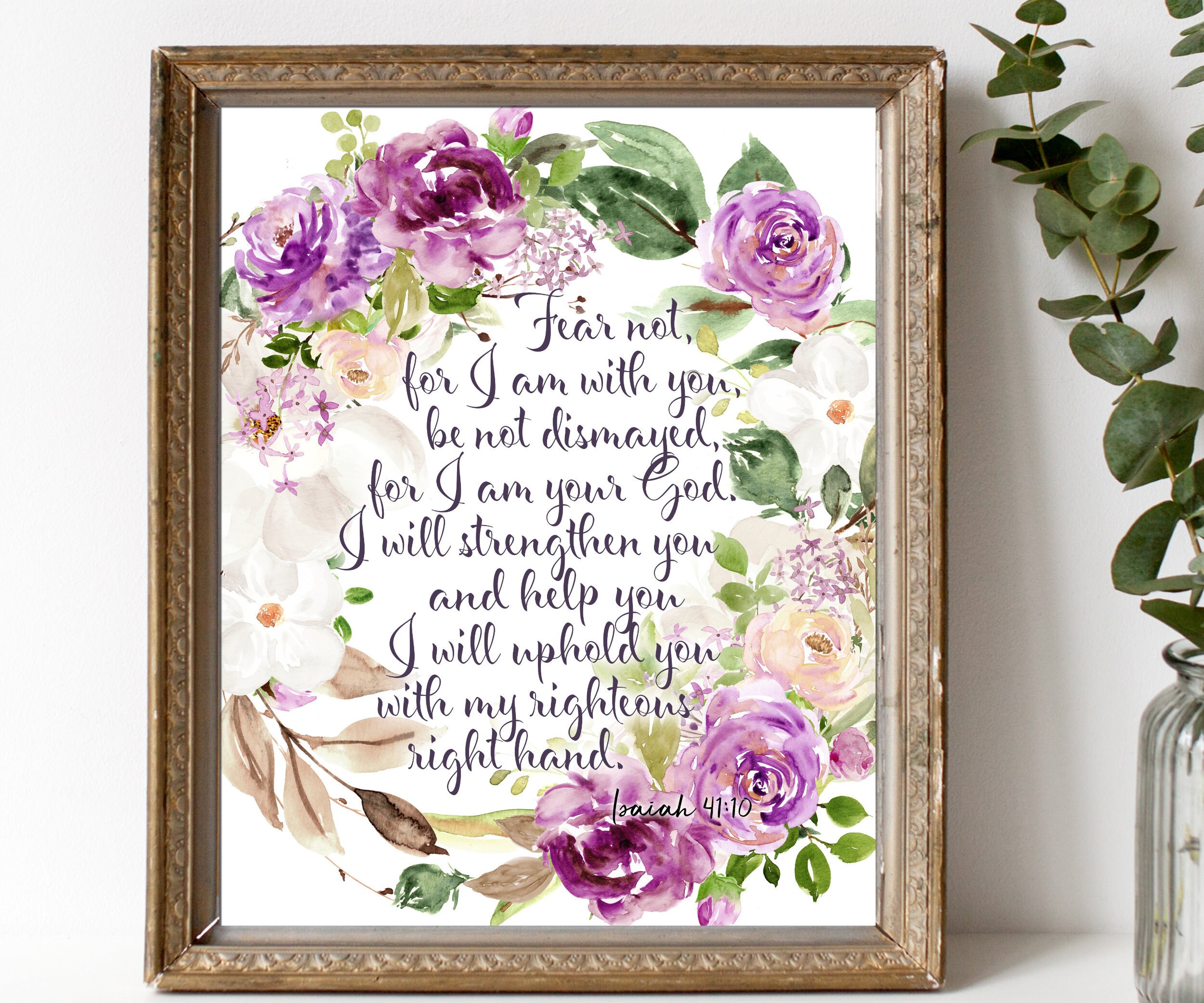 Isaiah 41:10 With Floral Watercolour Border Wall Art Print