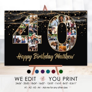 Collage de photos pour 40e anniversaire, 40e anniversaire, collage de 40 chiffres, affiche de 40 photos, déco agate, personnalisé, fichier numérique à imprimer