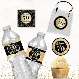 70th Birthday CupCake Toppers, 70th Water Bottle Labels, Black and Gold 70th Birthday Decorations, Instant Download Printable P11