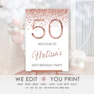 Letrero de bienvenida para el 50.° cumpleaños, decoraciones para fiestas imprimibles, confeti de oro rosa, 30.°, 40.°, 60.° cumpleaños, personalizado, archivo digital, P92