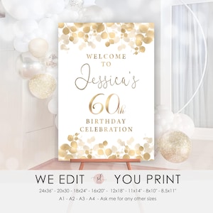 Gold Geburtstag Willkommensschild, druckbares Willkommensplakat, botanisches großes Geburtstagsschild, Frauen Geburtstag, personalisiert, digitale Datei.
