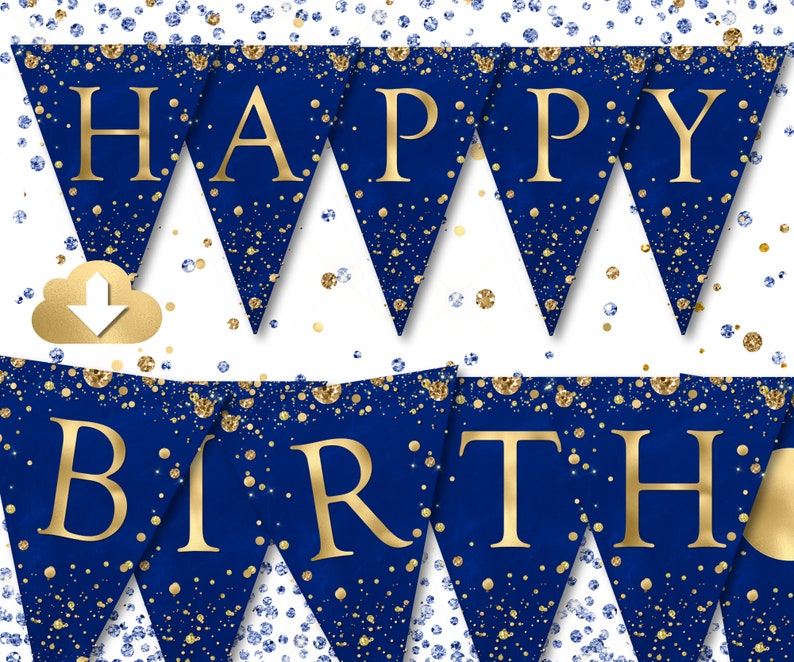 Happy Birthday Banner Blue Gold Birthday Banner Printable | Etsy