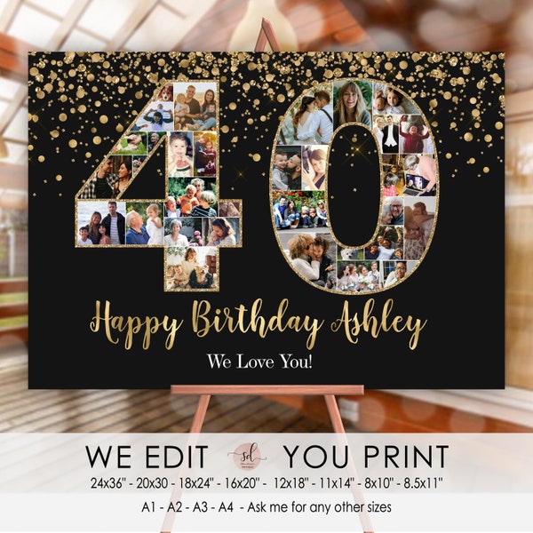 40th Birthday Photo Collage, 40th Anniversary Collage, 40 Number Pictures, 40 Photo Poster, Woman, Man, Personalized, Digital File Printable