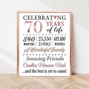Rose Gold 70th Birthday Time Facts Sign: Printable Decor (Digital Download)