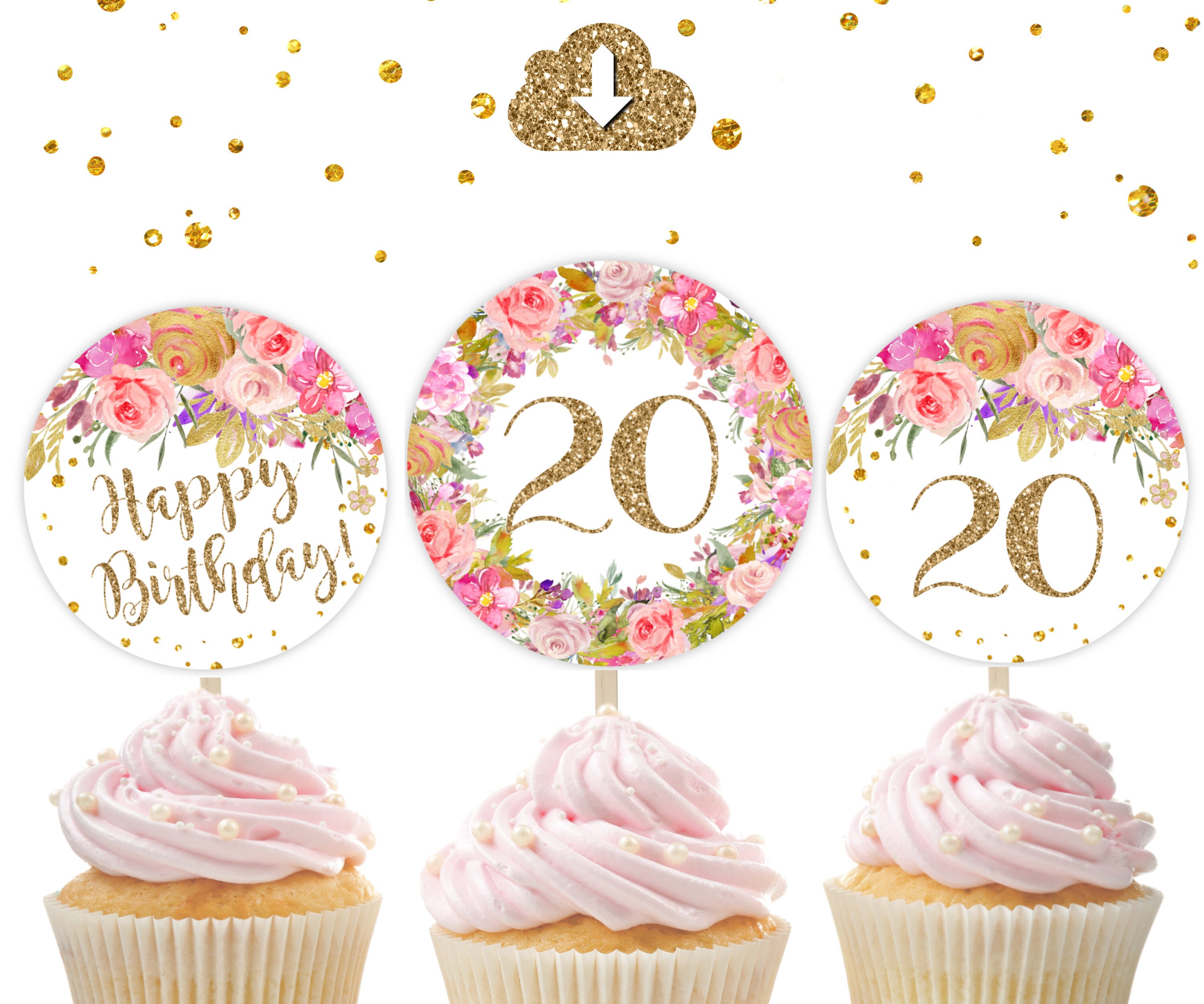 20th Birthday CupCake Toppers Floral Pink Gold 20th Birthday | Etsy