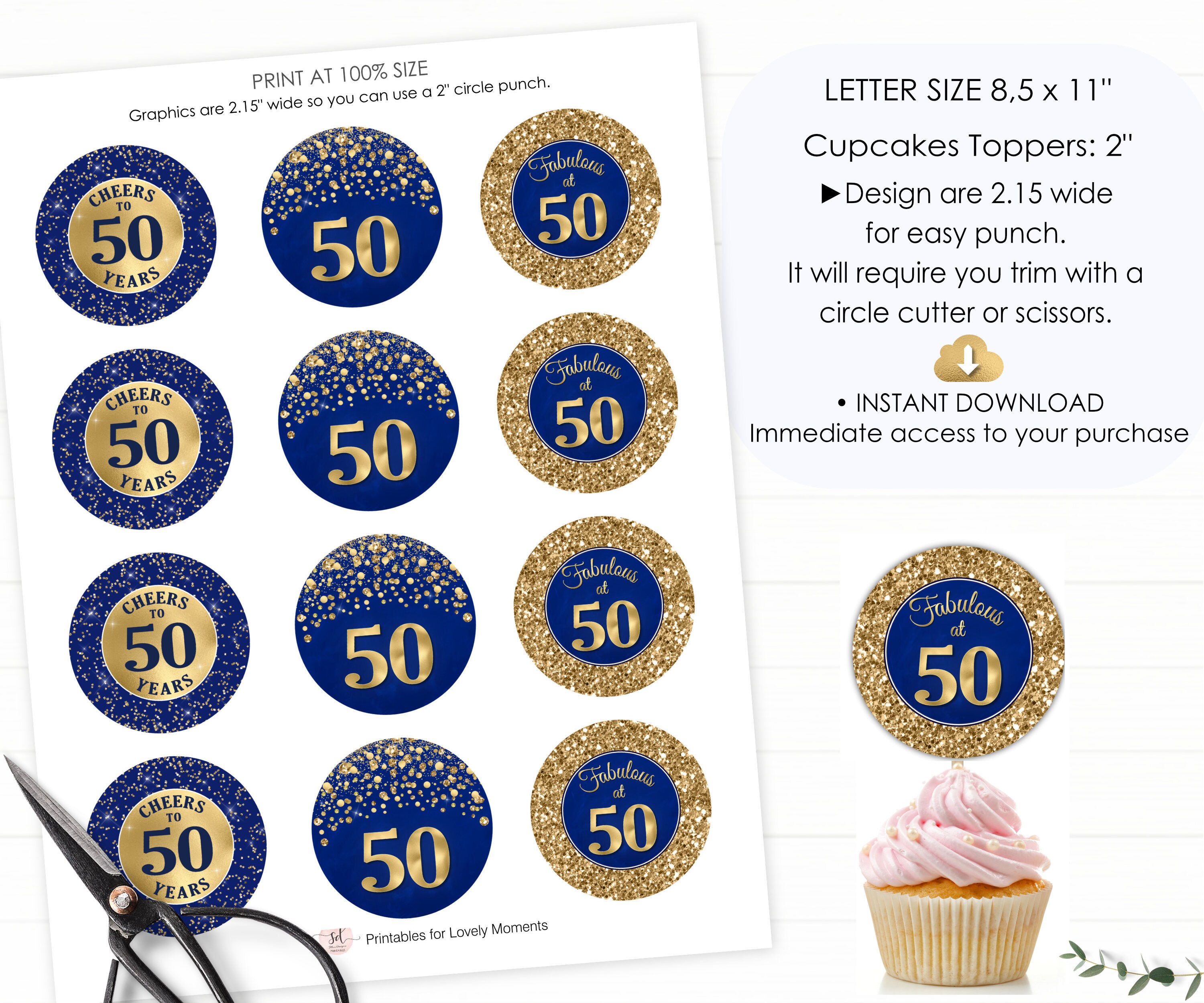 50th Birthday Cupcake Toppers Blue Gold 50th Birthday Favors | Etsy