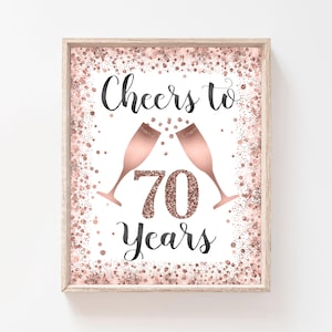 Proost op 70 jaar teken, roségouden confetti verjaardagsdecor, 70e decoratie vrouw, afdrukbare digitale download P92