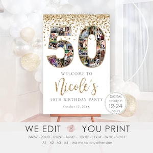 50th Birthday Photo Collage, 50 Years Welcome Sign, Personalized Birthday Poster, 50th Picture Board, Man or Woman, Digital File Printable