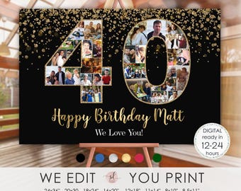40th Birthday Photo Collage, 40th Anniversary Collage, 40 Number Pictures Board for Man or Woman, Personalized, Digital File Printable