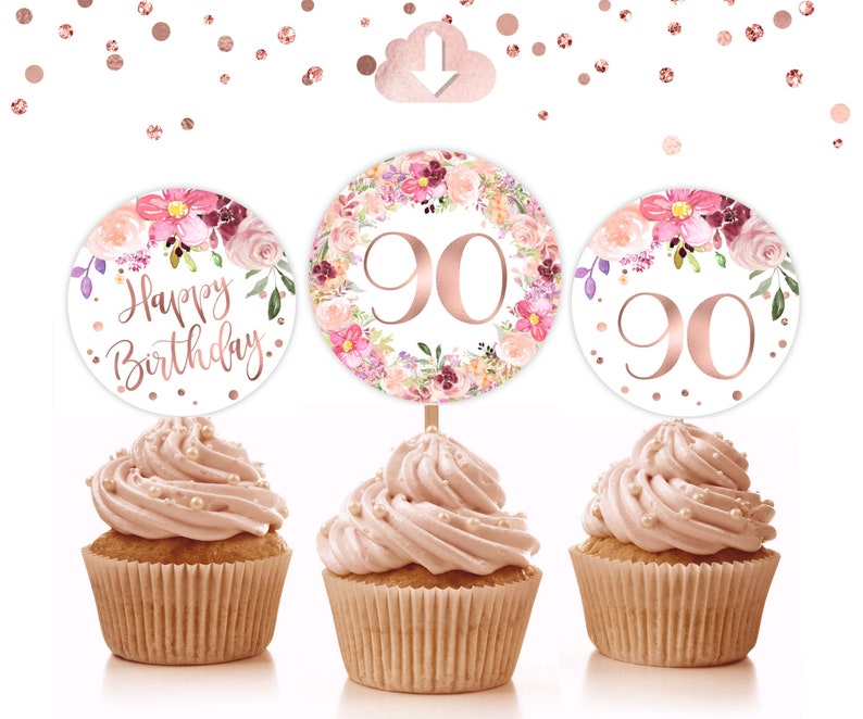 90th Birthday Rose Gold Cupcake Toppers 90th Mom Birthday Etsy Australia