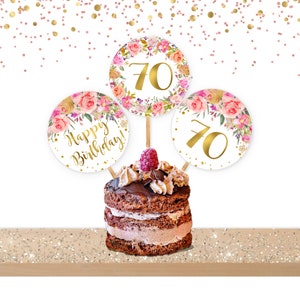 70th Birthday CupCake Toppers, 70th Birthday Favors Treats Decor, Pink Gold Floral, PRINTABLE INSTANT Download P44